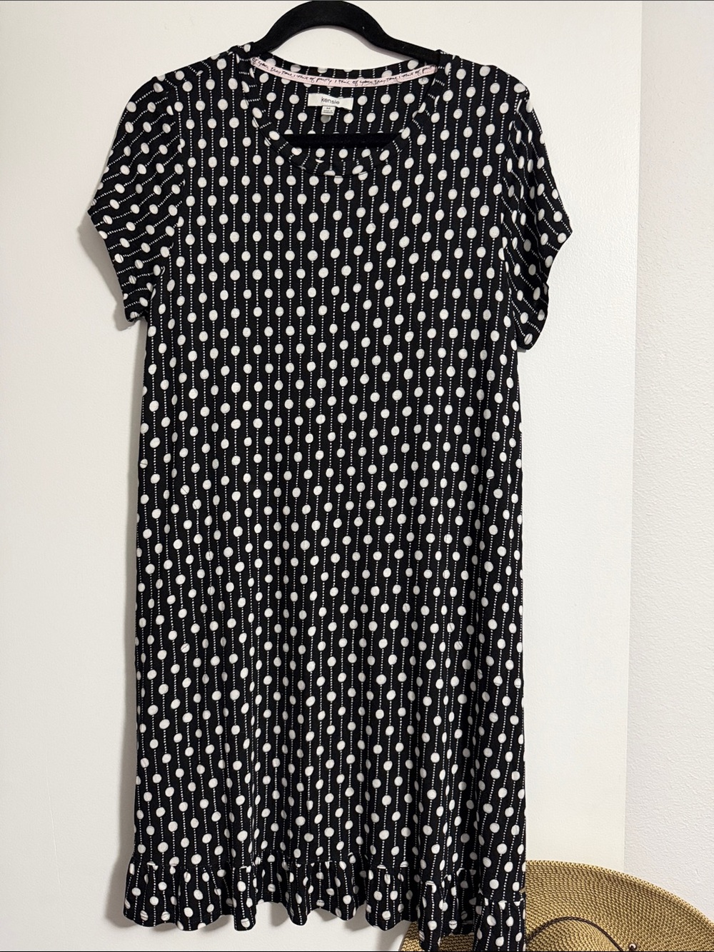 Kensie M Super Lightweight Soft Knit Polka Dot Ruffle Hem Dress EUC